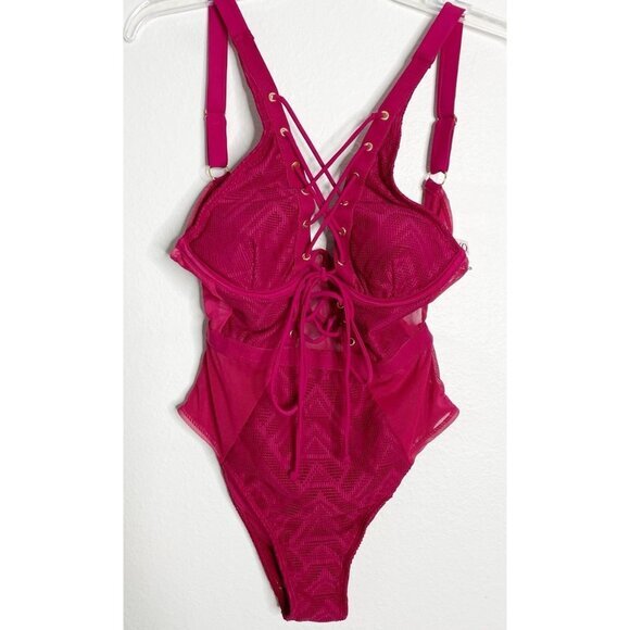 NWT  XOXO  Lace Up Corset Raspberry Pink One Piece Swimsuit Medium - Picture 3 of 4